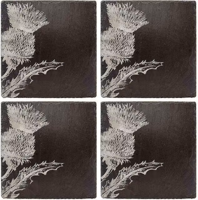 Selbrae House Square Slate Coasters with Floral Thistle Design in Grey and Black, Set of 4