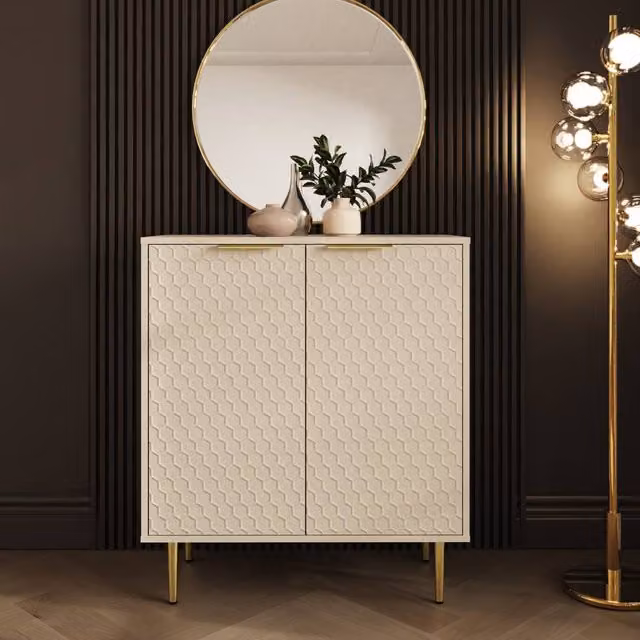 GFW Azariah Compact Sideboard in Beige with Matt Metal Geometric Design – 1