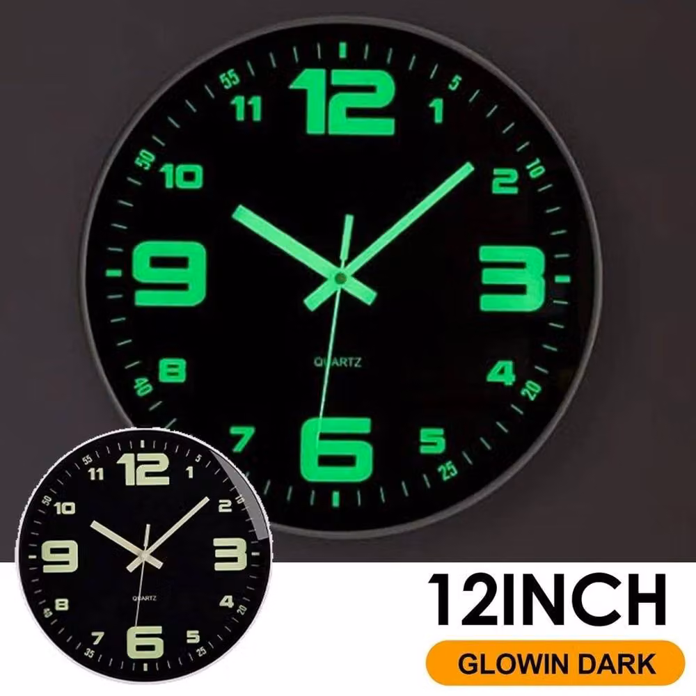 FLAVORA White Silent Glow in the Dark Luminous Round Analog Wall Clock, Diameter: 30 cm – 4