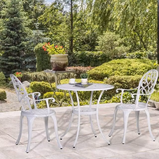 OUTSUNNY 3-Piece Garden Bistro Set with Round Cast Aluminium Table and 2 Chairs in White