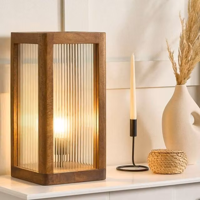 Wyld and Coco Industrial Mango Wood and Glass Table Lamp, Brown