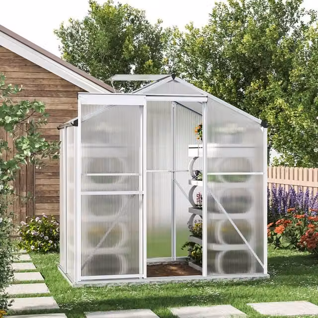 Livingandhome White Aluminium and Polycarbonate Freestanding Garden Greenhouse, W: 130.8 cm, L: 190 cm