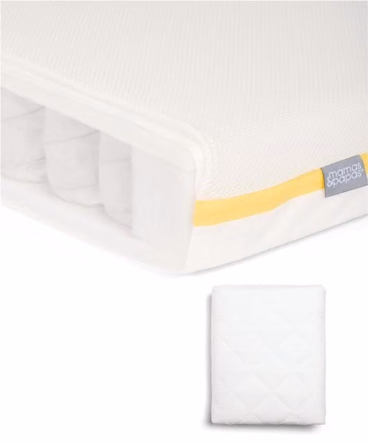 Mamas & Papas Essential Airflow Pocket Spring Cotbed Mattress and Anti-Allergy Quilted Mattress Protector Bundle in White