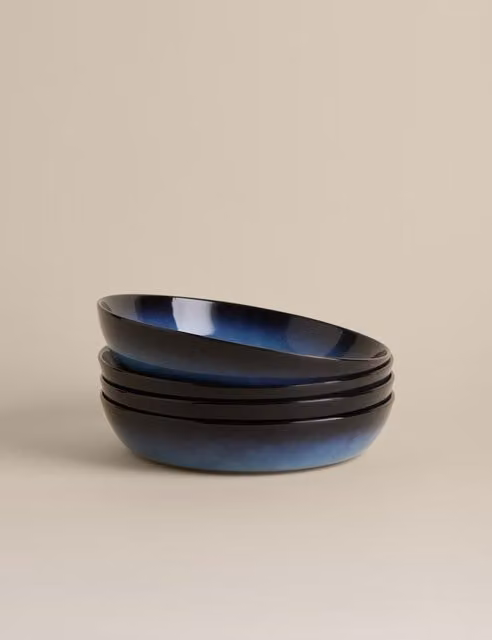 M&S Amberley Reactive Stoneware Pasta Bowls, Set of 4, Navy Blue
