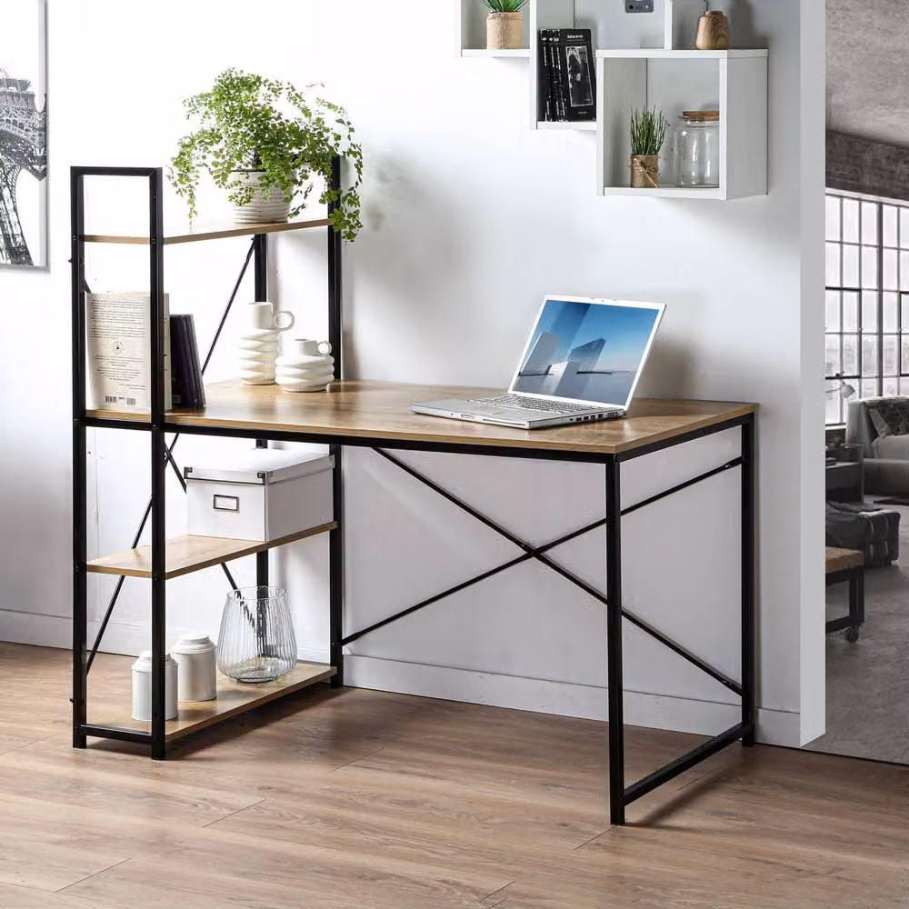 CALICOSY Industrial Style Computer Desk with 4 Shelves, Brown, W: 120 cm, D: 60 cm, H: 75.08 cm – 2