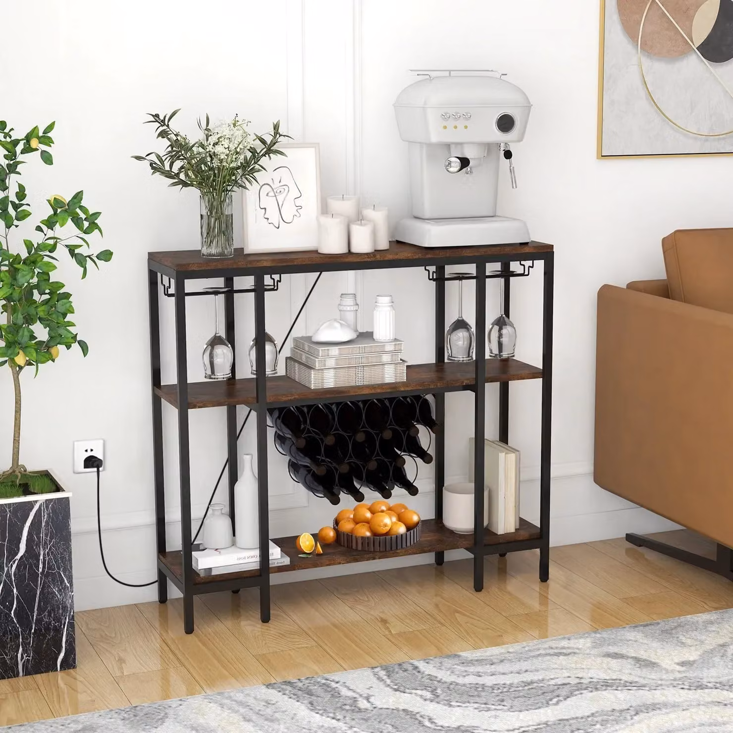 Costway 3-tier Industrial Wine Bar Cabinet with Storage Shelves and Glass Holder in Brown – 3