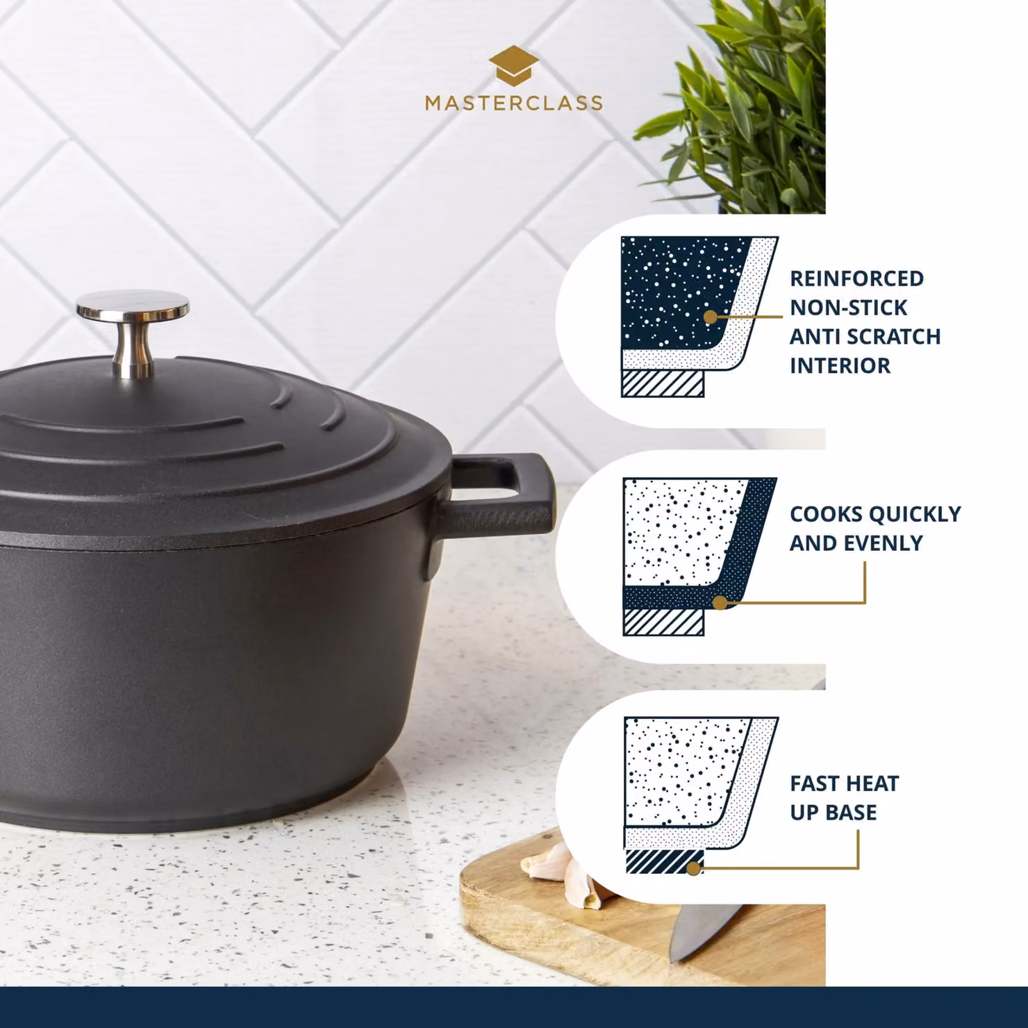 MasterClass Non-Stick Cast Aluminium 4 Litre Casserole Dish in Black – 5