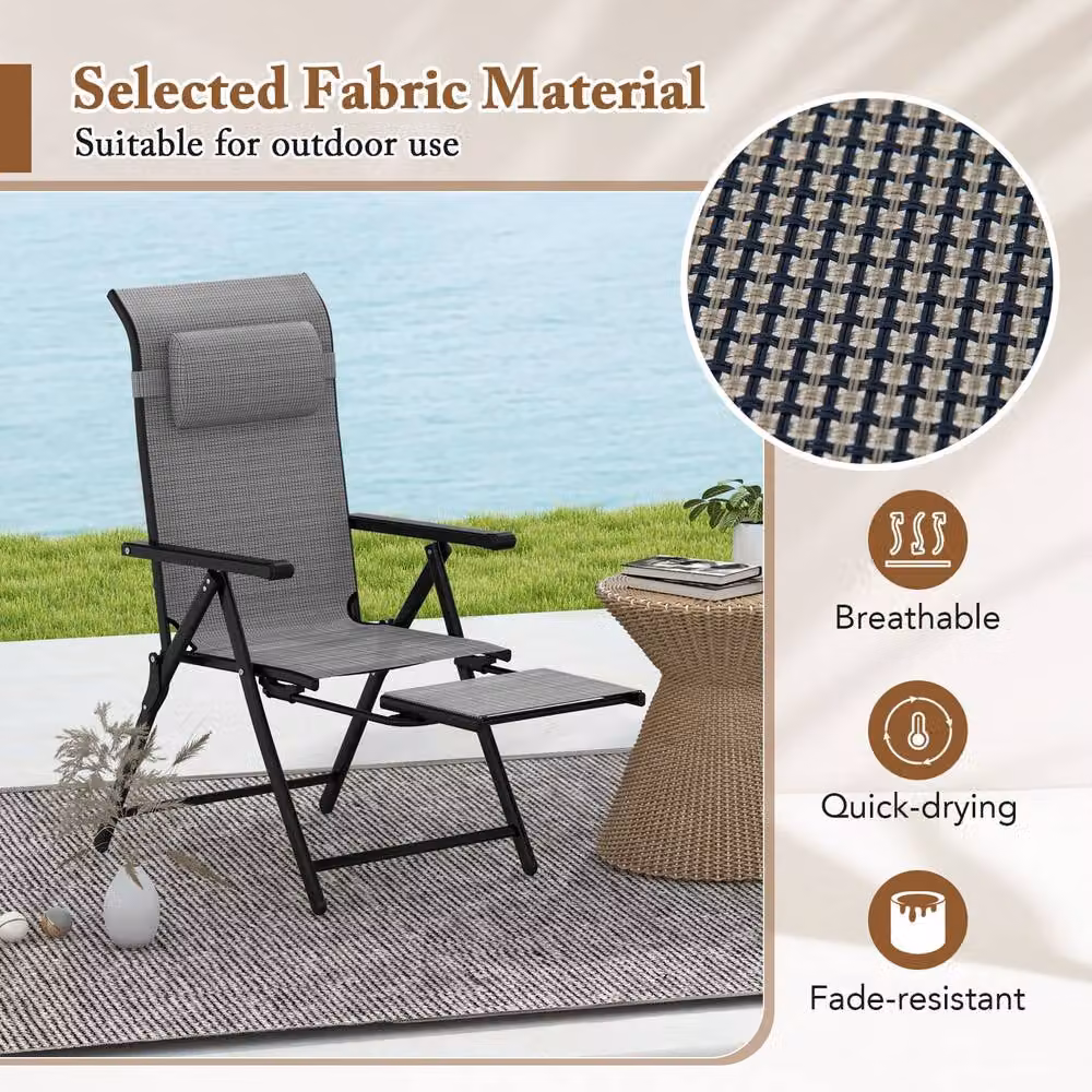 Costway Grey Folding Patio Lounge Chair with 10-Level Adjustable Backrest and Armrests – 5
