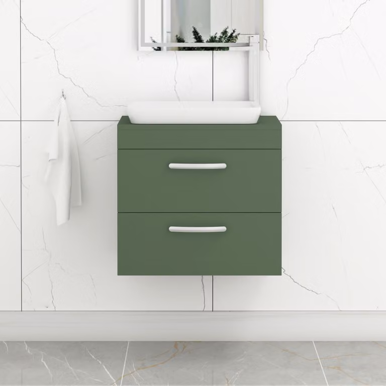 Royal Bathrooms Turin 500mm Wall Hung Vanity Unit with 2 Drawers and Countertop Basin in Matt Green