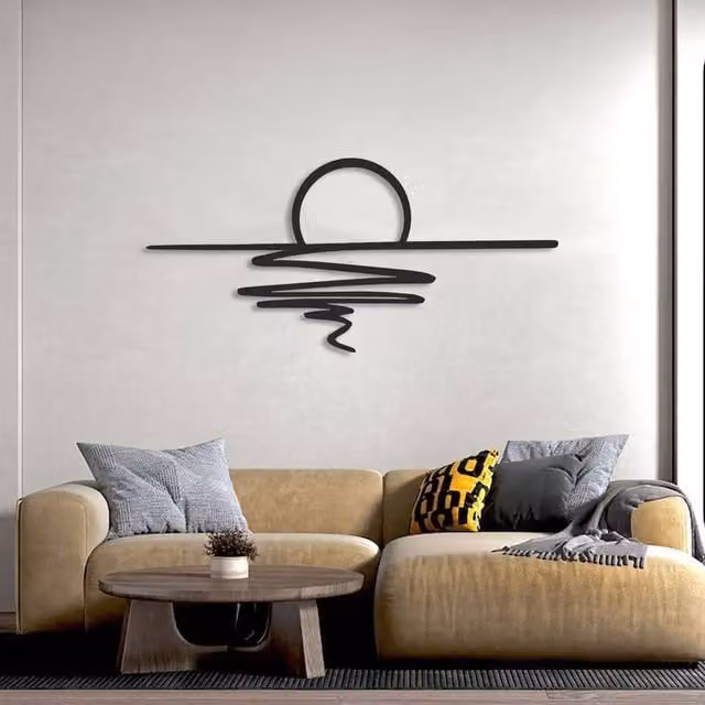 Decortie Sunset Reflection Metal Wall Art, Black Abstract Landscape, W: 120 cm, H: 56 cm