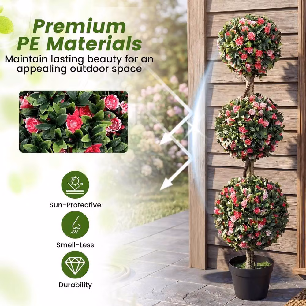 VOGREX Artificial Triple Ball Rose Topiary, Green, Height: 110 cm – 4