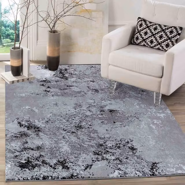 Modern Serenity Abstract Machine Woven Rectangular Area Rug in Black and Grey, Width: 160 cm