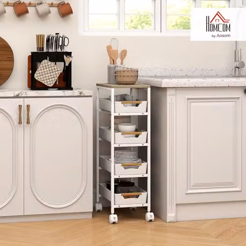 HOMCOM 5-Tier White Metal Storage Trolley on Wheels with 4 Pull-Out Drawers – 2