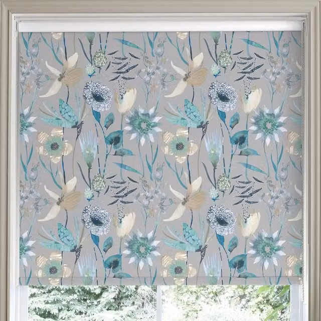Voyage Maison Oceania Made to Measure Blackout Roller Blind in Mineral Blue and Grey Floral Pattern