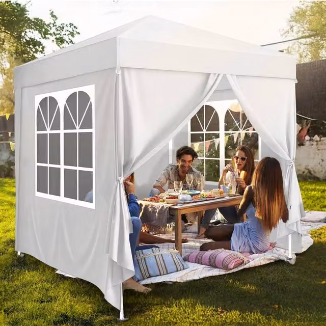 EONLION White and Silver Pop Up Gazebo with Sides and Steel Frame, W/D/H: 200 x 200 x 100 cm