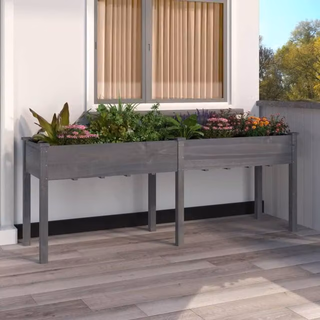 Berkfield Home Grey Solid Wood Planter with Liner W/D/H: 203 x 53 x 76 cm
