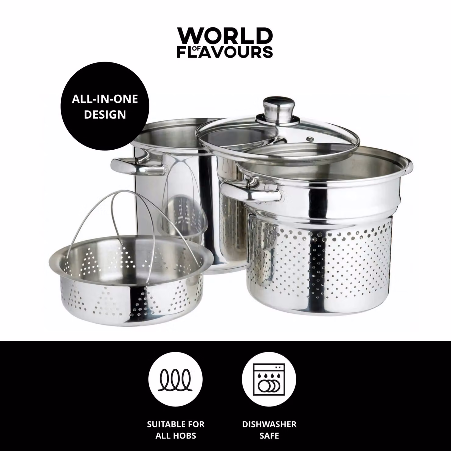 World of Flavours Italian Stainless Steel Pasta Pot with Steamer Insert in Silver – 8