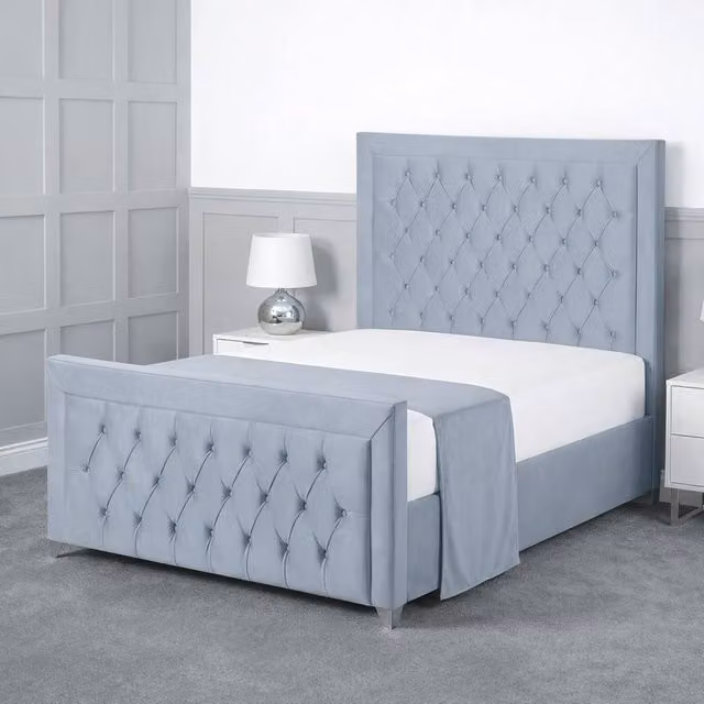 Living Comfort Bedz Ember Plush Velvet Upholstered Super King Bed with Slatted Base and 48 Inch Headboard in Light Blue, W/D/H: 200 x 200 cm