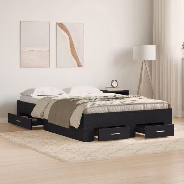 Berkfield Home Modern Bed Frame with Drawers in Black Oak, W/D/H: 120 x 200 cm