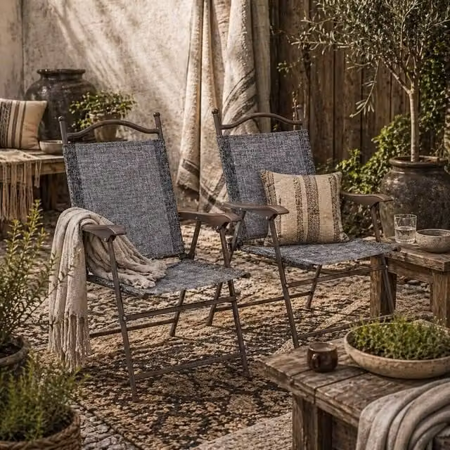 Wyld Haus Hael Set of 2 Grey Folding Garden Chairs with Steel Frames and Mesh Seats