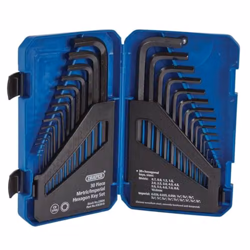 Draper 30 Piece Hexagon Allen Key Set in Blue, Chrome Vanadium Steel Long Pattern Wrench Kit – 1
