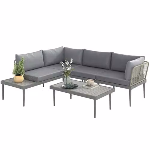 Outsunny 3 Piece L Shaped Rattan Garden Furniture Set with Upholstered Cushions, Grey – 1