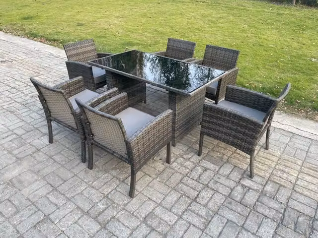 Fimous 6 Seater Rattan Garden Furniture Set with Rectangular Table in Dark Grey