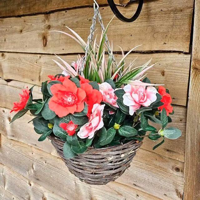 Best Artificial Pink and Red Azalea Floral Hanging Basket with Rattan Wicker Style, Diameter: 25.4 cm