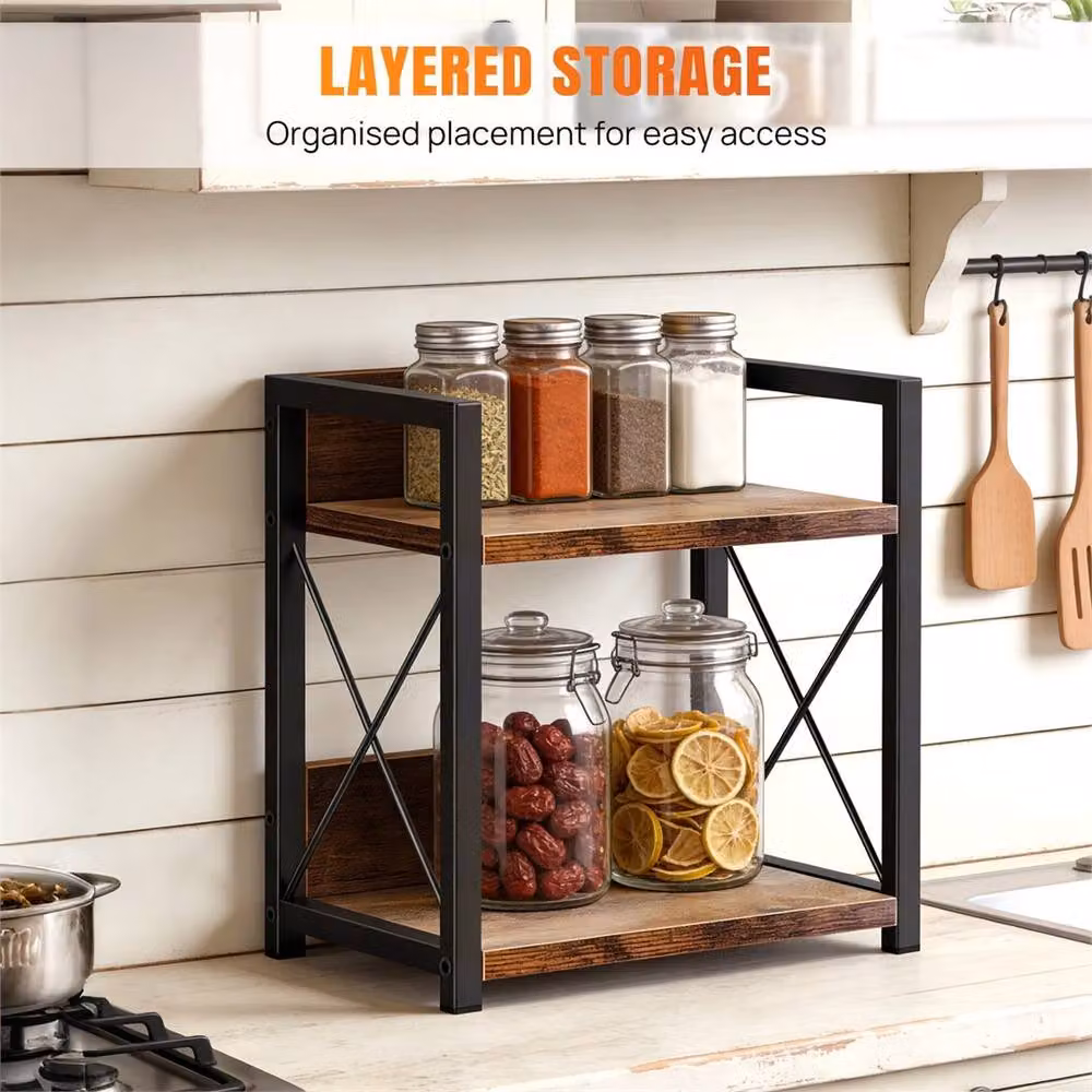 Nordara 2-Tier Black Wood Spice Rack and Herb Jar Kitchen Storage Organiser Shelf Holder – 4