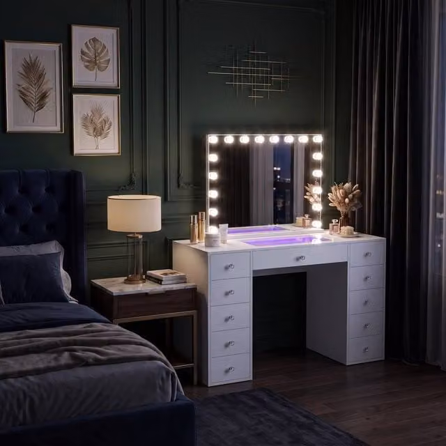 FENCHILIN White Modern Dressing Table with 11 Drawers and 18 LED Hollywood Mirror featuring RGB Lighting – 1