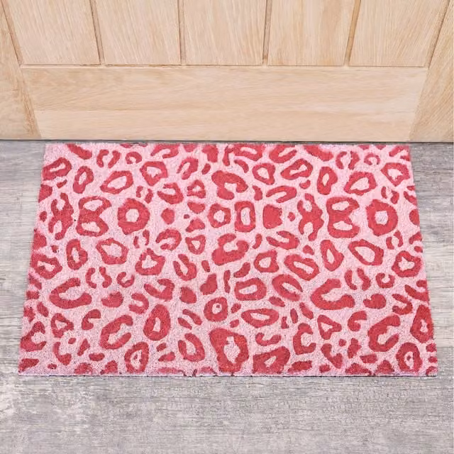 Melody Maison Pink and White Leopard Print Coir Door Mat with Non-Slip Rubber Backing