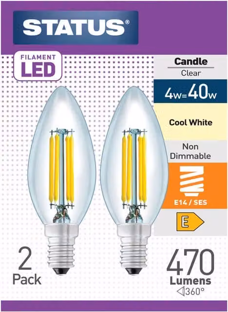 Status Pack of 2 Transparent Glass Filament LED Candle Bulbs, Cool White, E14 SES