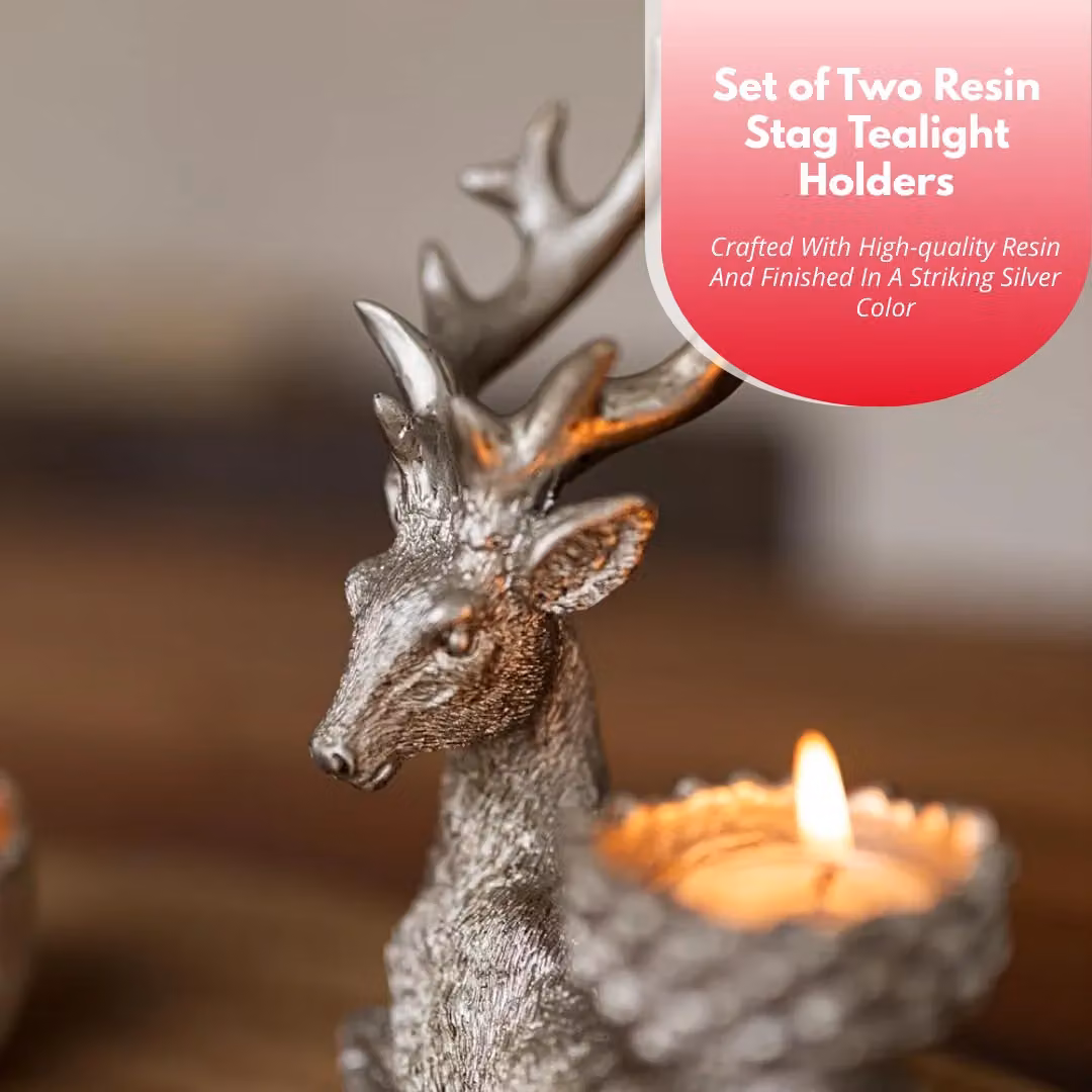 Marco Paul Silver Stag Christmas Tea Light Candle Holder Set, 2 Piece – 5