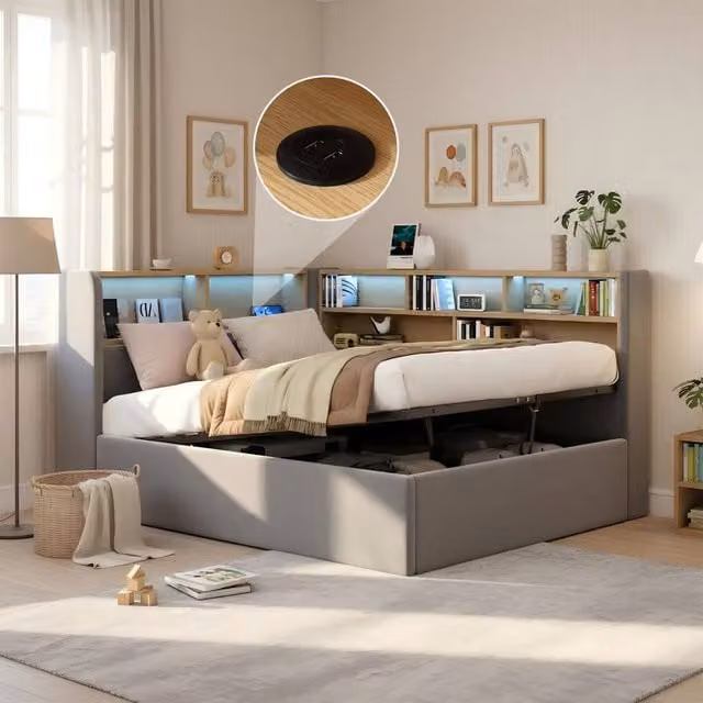 Rolipo Grey Velvet L-Shaped Daybed with Storage, LED Lighting and USB Charging Port, W/D/H: 90 x 190 cm