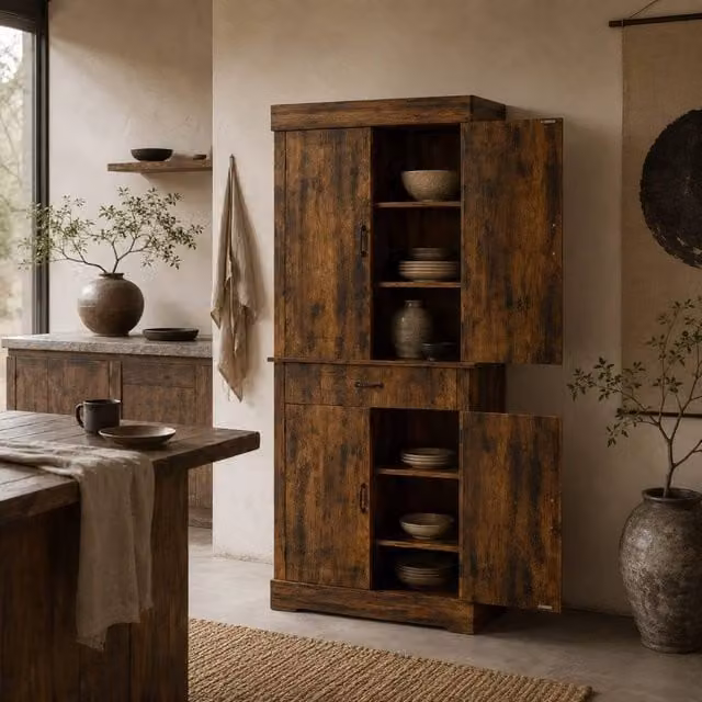 Wyld Haus Brown Tall Kitchen Pantry Cabinet with Drawers and Shelves, H: 180 cm, W: 80 cm, D: 35 cm