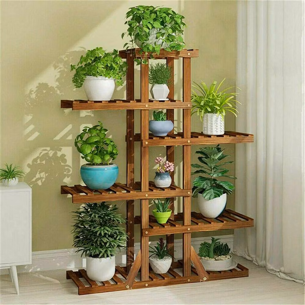 KORVIXA 6 Tier Rustic Brown Pine Wood Plant Stand, W/D/H: 100 x 100 x 131 cm – 2
