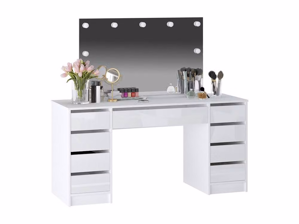 Vente-unique Double Dressing Table with LED Mirror and 9 Drawers in Gloss White – 2