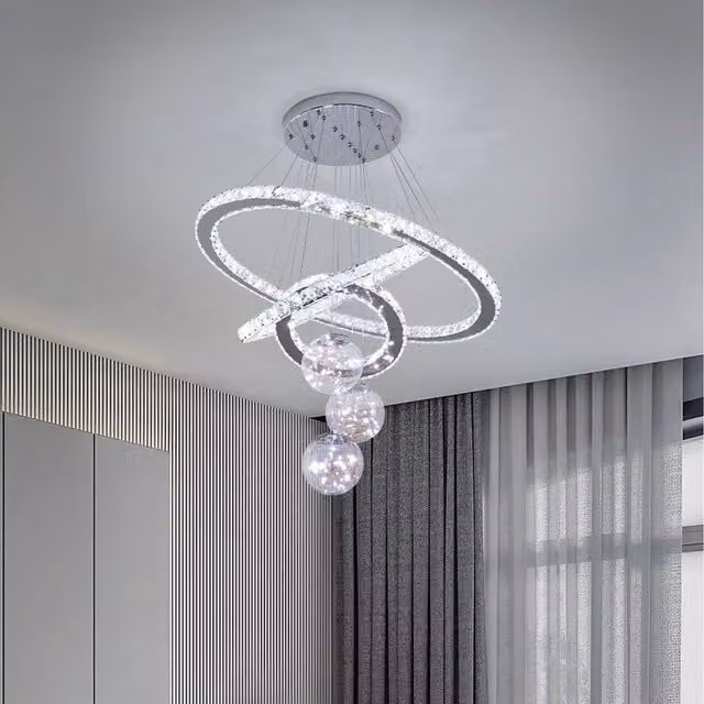Komore Modern Crystal Triple Ring LED Ceiling Light in Silver