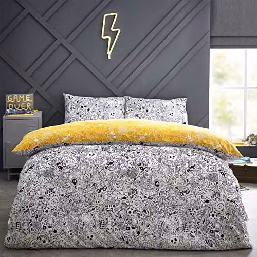 Furn Doodles Abstract Reversible Graphic Duvet Cover and Pillowcase Set in White, Black and Yellow, W/D/H: 140 x 200 cm, Pillowcase: 50 x 75 cm – 1