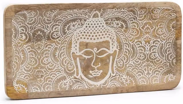 KDMK Buddha Face Whitewash Long Rectangular Tray for Candles and Jewellery, Brown, W: 30 cm, D: 15 cm