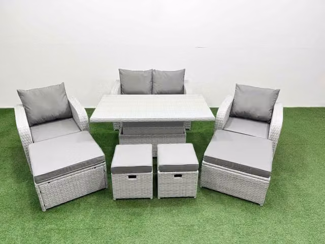 Fimous 8 Piece Rising Dining Table Set with Reclining Chairs and Inclining Love Sofa in Light Grey