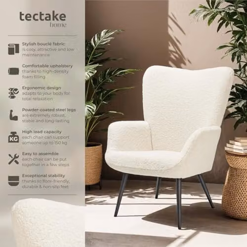 tectake Scandi Style Bouclé Armchair with High-Density Foam Padding and Metal Legs in Black and White – 2