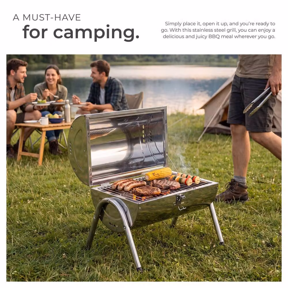 tectake Stainless Steel Charcoal Grill in Silver with 2 Cooking Surfaces and 2 Charcoal Trays, W/D/H: 44.0 x 42.0 x 30.5 cm – 6