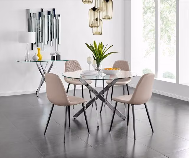 FurnitureboxUK Novara Round Glass Dining Table and Four Corona Chairs in Cappuccino with Black Legs, Diameter: 120 cm