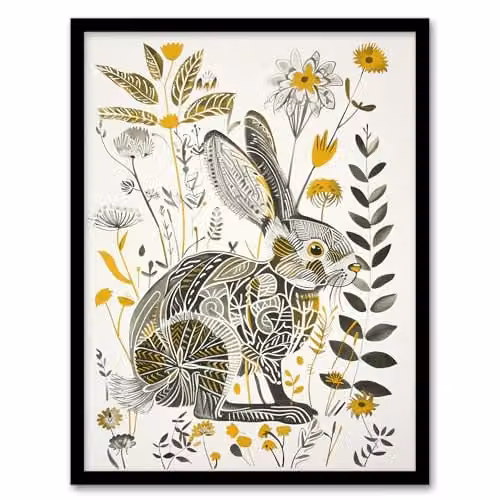 Artery8 Bunny Rabbit and Flowers Folk Art Framed Wall Art Print, Yellow and Grey, A4