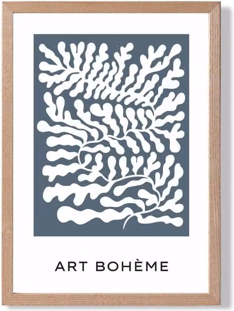 ARTZE Matisse Style Blue and White Floral Cutout Framed Print with Oak Frame – 1
