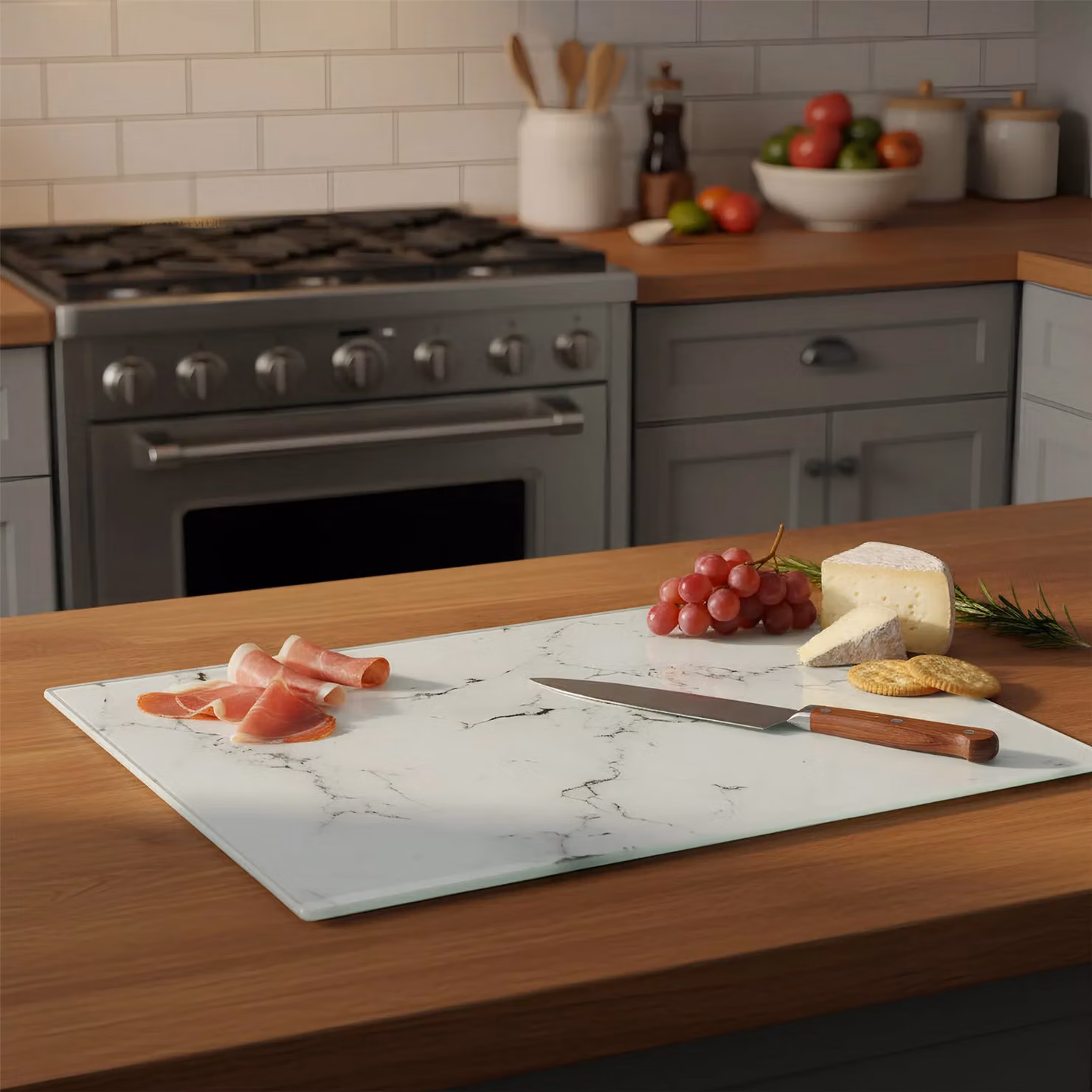 Harbour Housewares White Marble Effect Rectangular Glass Chopping Board with Non-Slip Feet – 7