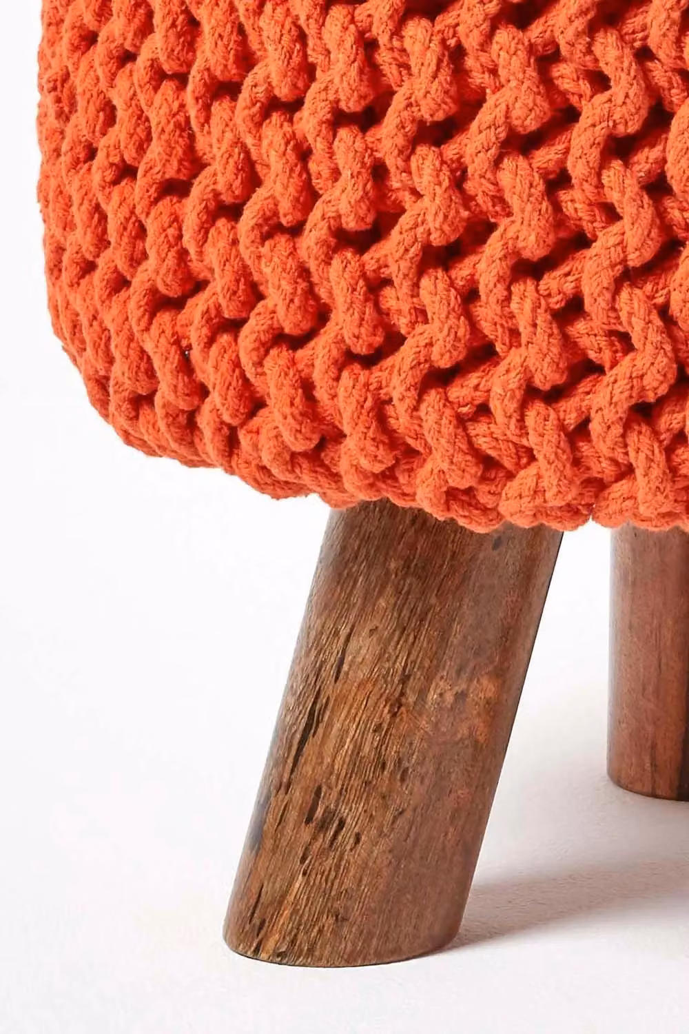 Homescapes Tall Cotton Knitted Footstool with Wood Frame in Orange – 3