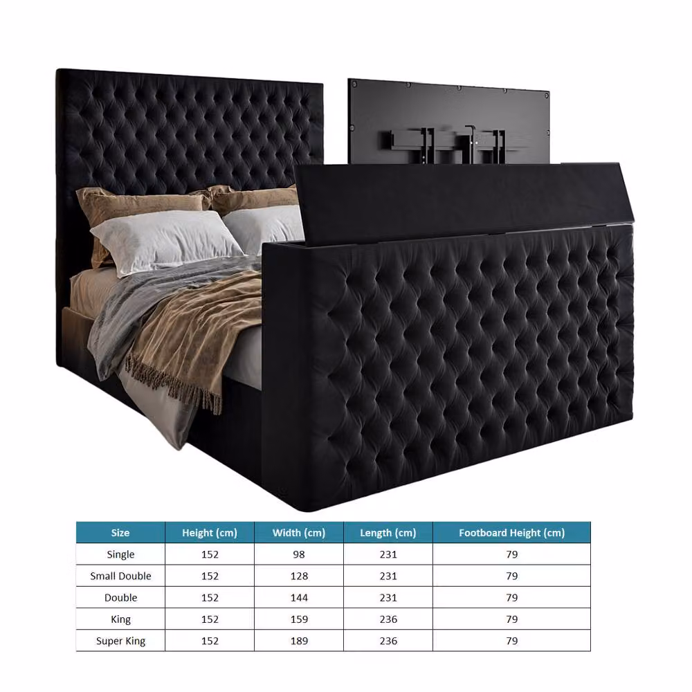KDMD Capella Upholstered Soft Velvet TV Bed Frame in Black, Small Double, W/D/H: 120 x 200 cm – 4