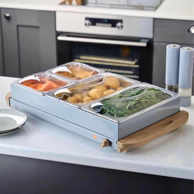 Cooks Professional 4-Section Electric Buffet Warmer with Glass Lid, 7.2L Capacity, Nordic Grey